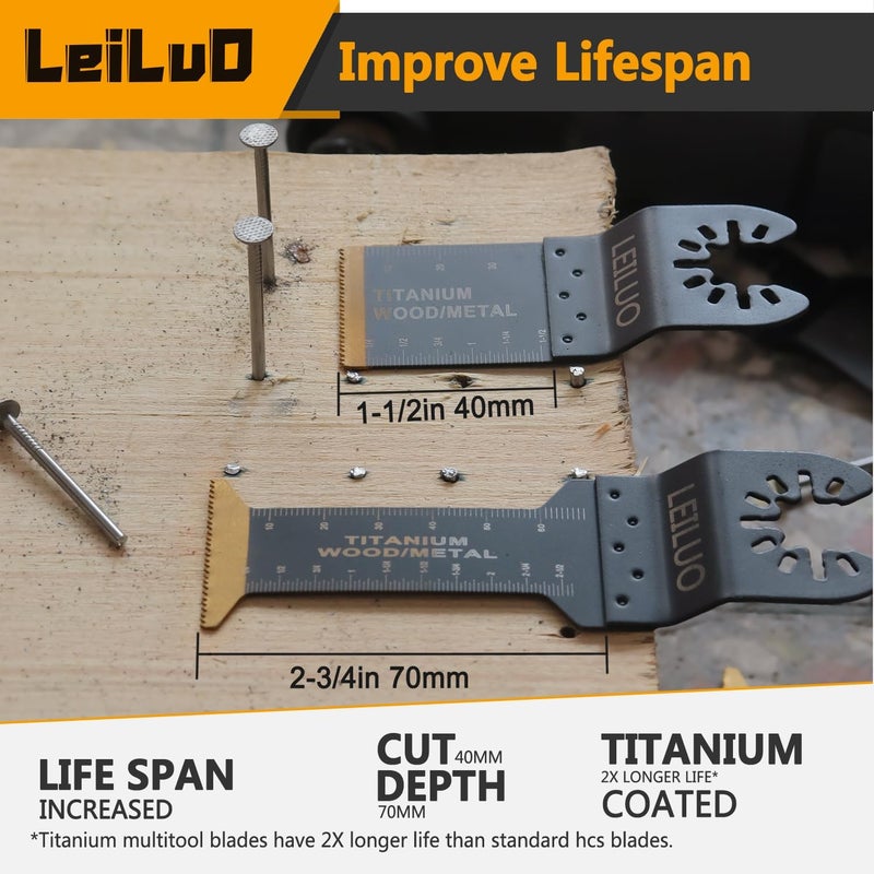 LEILUO 50 Pcs Oscillating Tool Blades Set Extra Long Titanium Multitool Saw Blades with Storage Bag Universal Fit Cutting Accessories for Wood Nails Drywall PVC Trim Home Renovation - Image 4